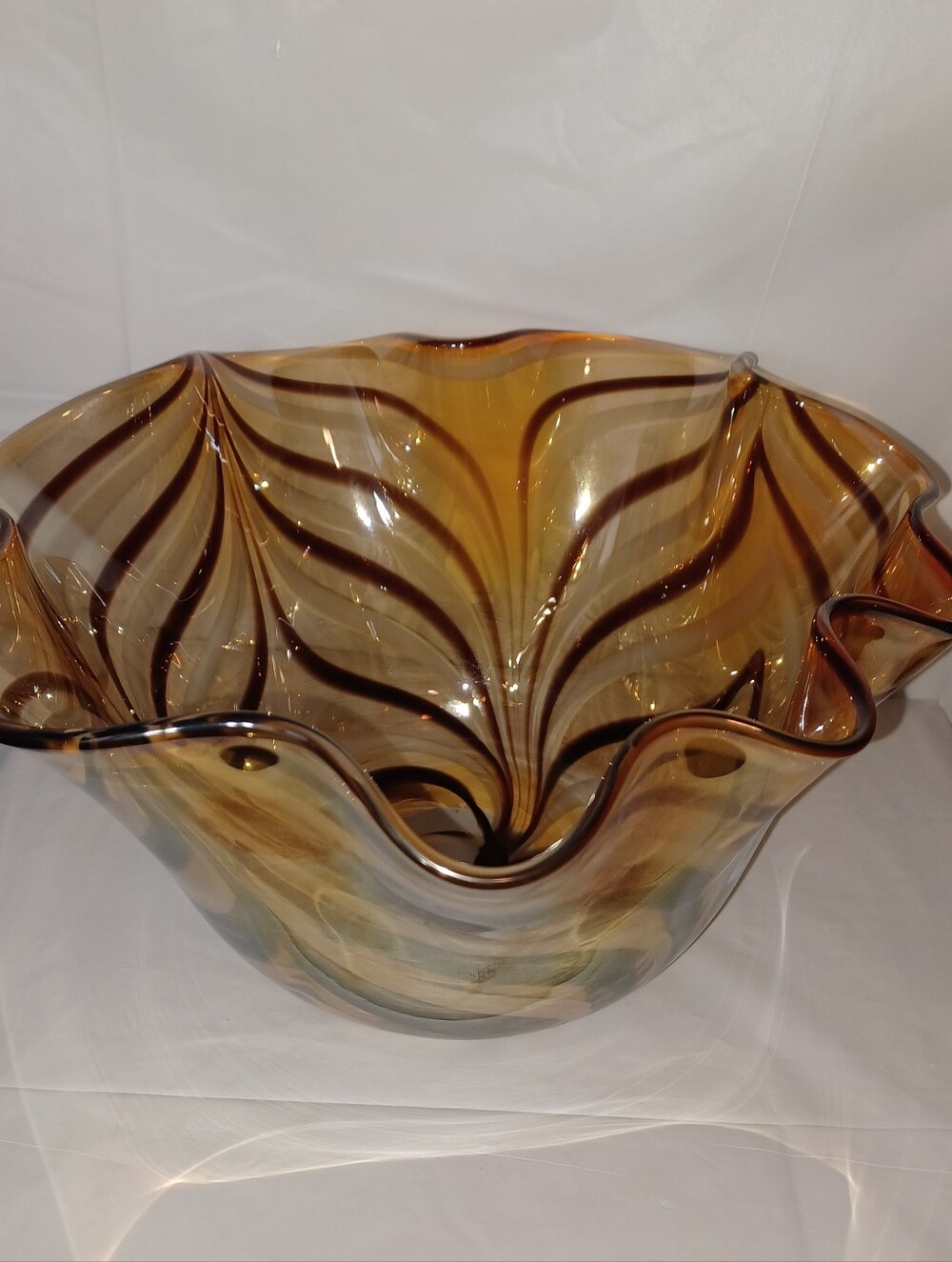 MCM Hand Blown Handkerchief Art Glass Amber Swirl Glass Bowl Decorative Home Art